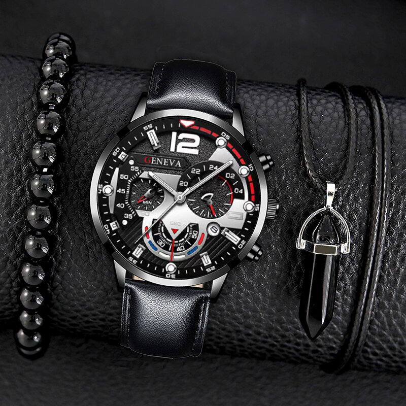Часы наручные мужские с календарем, модные деловые кварцевые с черным браслетом с бусинами и кожаным ремешком, комплект из 3 шт.