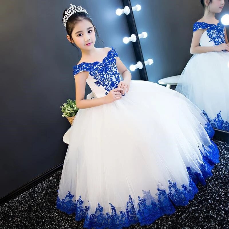 Koronkowy tiulowy kwiat sukienki dla dziewczynek urodziny z ramienia pierwsza komunia szata z Demoiselle księżniczka dziecko na zamówienie