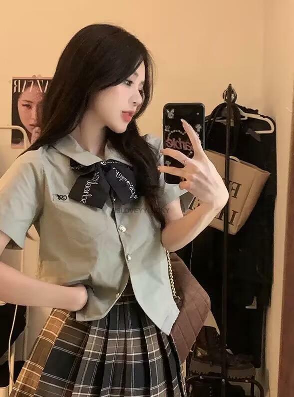 Conjunto saia e camisa de manga curta de uniforme escolar feminino, conjunto JK, estilo universitário, japonês e coreano, outono, moda 2 peças