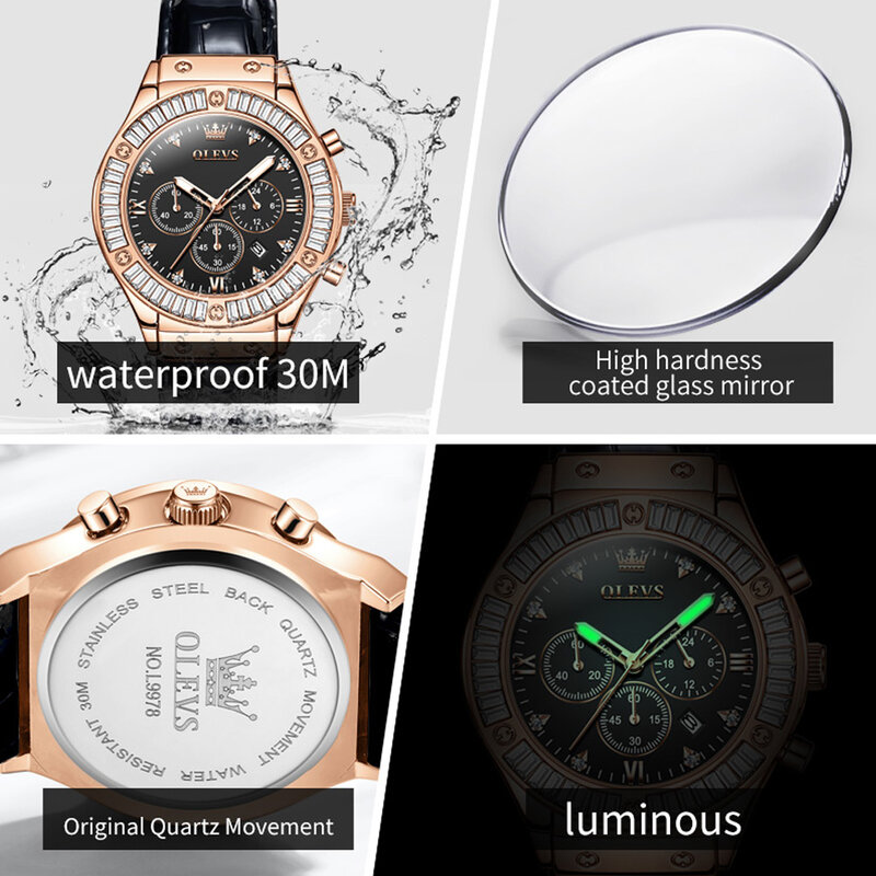 OLEVS 브랜드 럭셔리 크로노그래프 쿼츠 시계 여성용, 가죽 스트랩, 방수 야광 달력 패션 크리스탈 시계