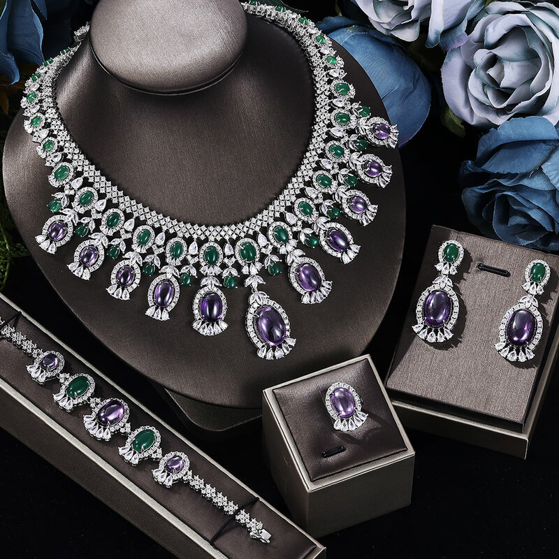 4 Buah Set Mewah Hijau Ungu untuk Wanita Pernikahan Zirkon Kubik CZ Afrika Dubai Perhiasan Pengantin