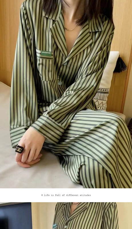 여성용 스트라이프 프린트 잠옷 세트, 인조 실크 새틴 잠옷, 긴팔 잠옷, 용수철 가을, 2 피스