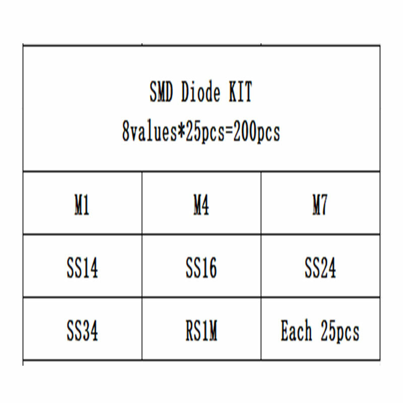 8kinds X25PCS=200PCS M1 1N4007 M4 M7 SS14 SS16 SS24 SS34 RS1M Electronic Components Package SMD Diode Kit electronic diy kit
