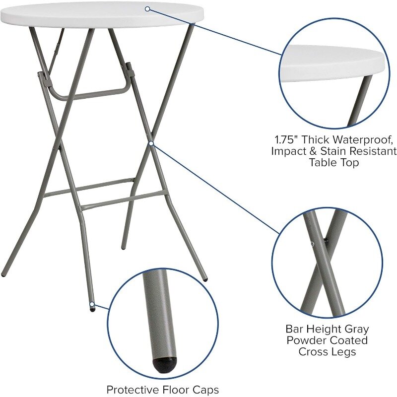 โต๊ะบาร์สูงพับได้ทรงกลมขนาด2.6นิ้วโต๊ะพับได้ความสูงบาร์พลาสติกในร่ม/กลางแจ้งสีขาว