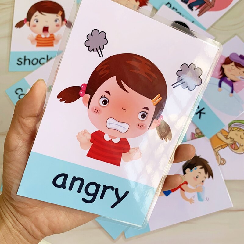 Bebê montessori brinquedos emoção tempo aprendizagem cartão dos desenhos animados inglês cartões flash crianças brinquedos educativos para crianças