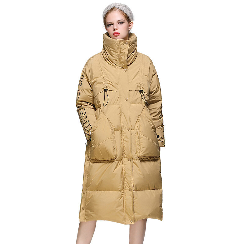เสื้อแจ็คเก็ตสตรีฤดูหนาว Warm Windproof ยาวสีขาวเป็ดลงปักเป้าแจ็คเก็ตสบายๆสกี Hoodies Coats