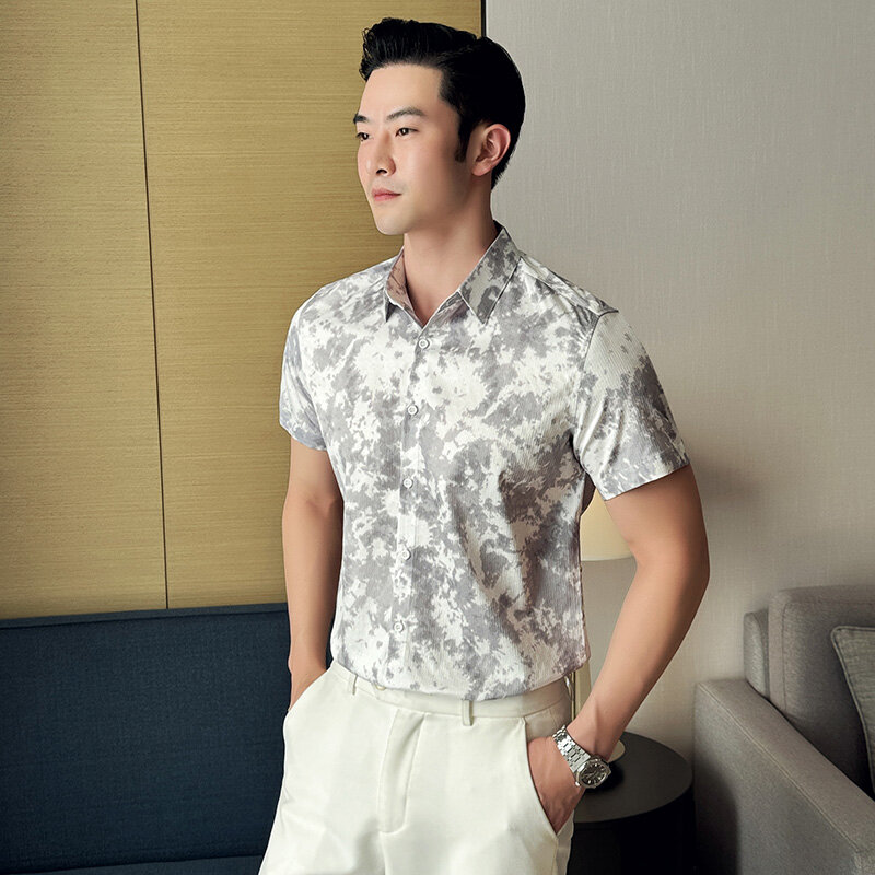 Camisa hawaiana de manga corta para hombre, camisa con estampado de tinta de estilo chino, vestido ajustado, blusa informal de verano, 4XL