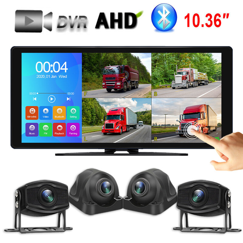 10,36 polegadas 4 canais veículo AHD DVR sistema MP5 Bluetooth gravador touch monitor 1080P HD visão noturna kit de câmera frontal / traseira / lateral para trailer de ônibus de caminhão RV