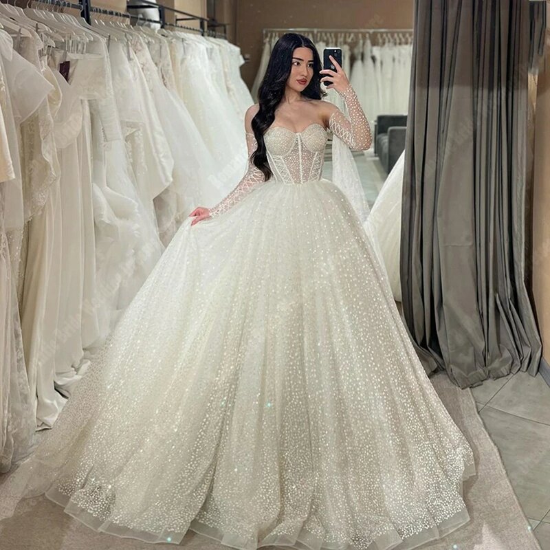 Gaun pernikahan wanita, gaun pengantin mewah terang Off The Shoulder A-Line gaun pengantin panjang pel pertunangan Putri