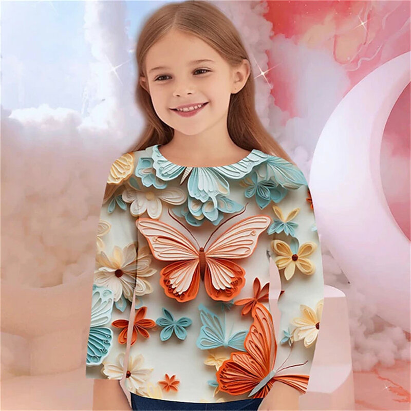 Atasan untuk anak-anak motif kupu-kupu pakaian anak perempuan musim gugur kaus Wanita Lengan penuh pakaian 2 sampai 6 tahun kaus kartun modis