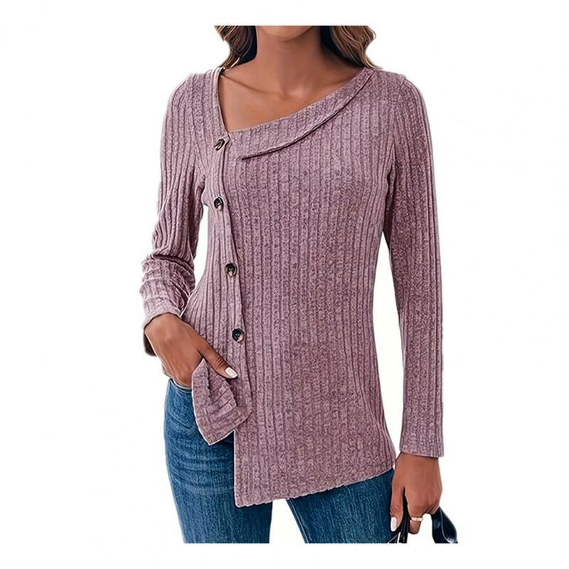 Autumn Women's Tops Slant Collar Irregular Single-breasted Button-down Long-sleeved Knitted Solid Color Women's Sweater