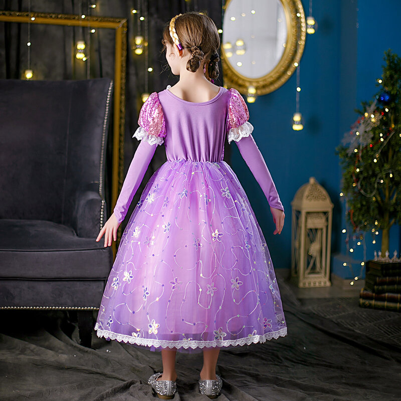 فستان الأميرة رابونزيل للأطفال ، زي تنكري للهالوين ، ترتر أرجواني ، ملابس شبكية ، هدية حفلة عيد ميلاد ، فتاة