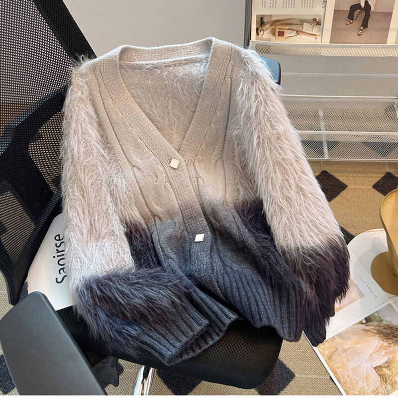 Maglione di lana Haima invernale 2024 da donna Plus Size maglione graduale Tie-Dye maglione lavorato a maglia caldo a maniche lunghe allentato cappotto con scollo a v Lady