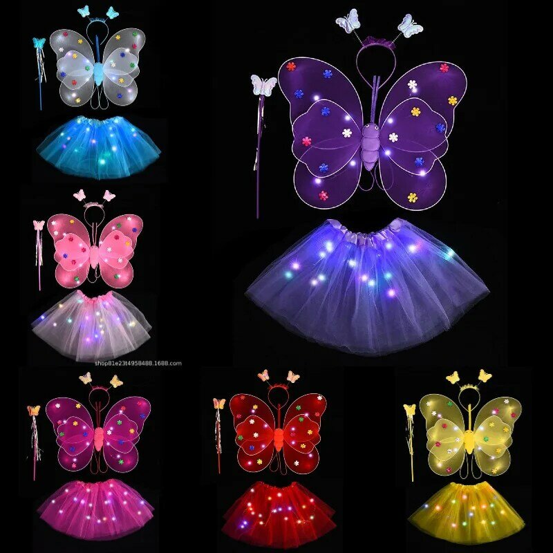 Piscando Luminous Angel Wings Set para Crianças, Girl Butterfly Wings, Headband e Wand, Role Play Outfits, Costume Props