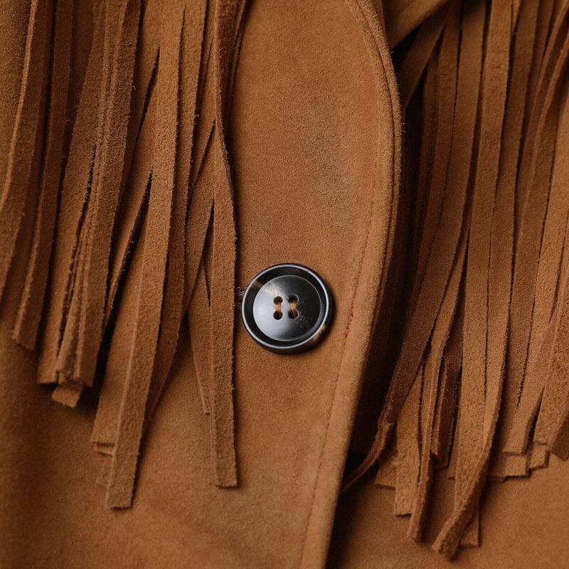 Casaco de camurça de carneiro feminino com borlas, terno solto, roupas de couro, moda primavera e outono, alta qualidade