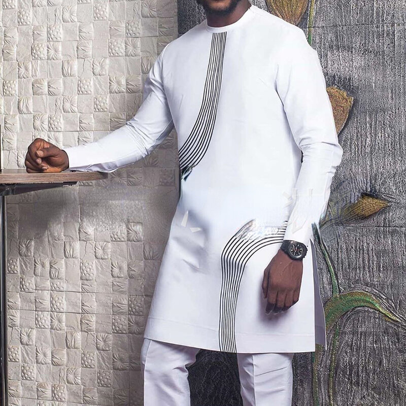 Robe en coton de style ethnique africain pour hommes, vêtements musulmans, robe islamique, chemise décontractée à col rond, américains, blanc, nouveau, 2023