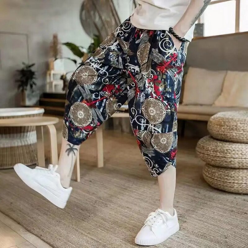 Wide-leg Pants Chinese Style Retro Print Men's Cropped Trousers with Side Pockets Elastic Waist Drawstring Casual for Summer