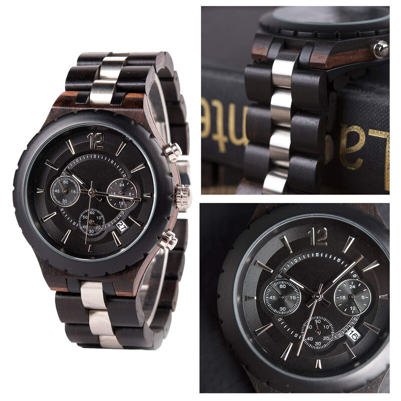 Męskie luksusowe modny drewniany zegarek datowanie i chronograf wojskowe kwarcowe zegarki na rękę, bransoletka