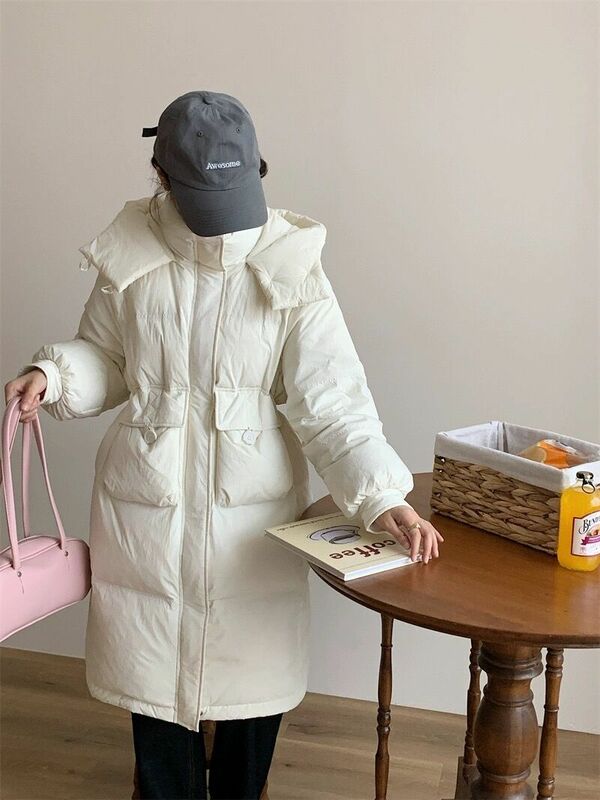 Mantel bertudung untuk wanita, mantel bertudung kasual tebal ukuran besar longgar mode Musim Dingin 2023
