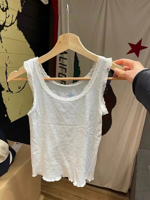 New Blue Lace Trim Slim Tank Tops Women Summer Cotton Sleeveless Raw Hem Casual Vests Vintage Sweet Preppy Style Solid Crop Top