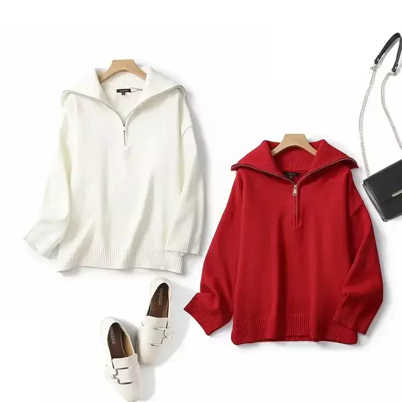 Suéter de malha de duas cores feminino, zíper lapela grande, pulôver retrô casual de mangas compridas, blusa chique, moda outono, 2023
