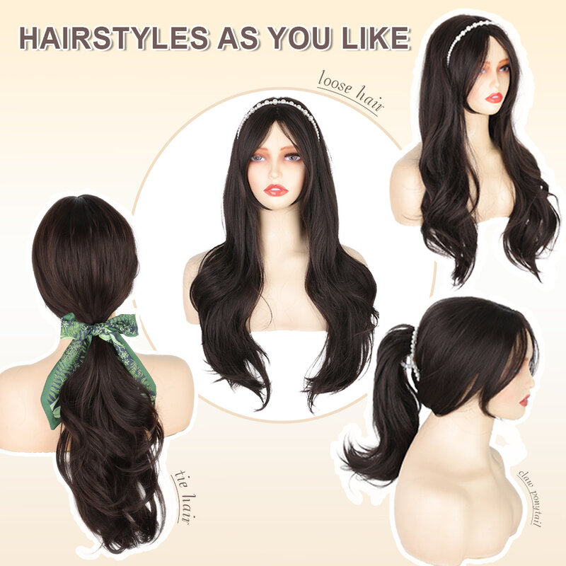ALXNAN-pelucas sintéticas largas y onduladas para mujer, cabello negro Natural con flequillo, fiesta de Cosplay diaria, resistente al calor