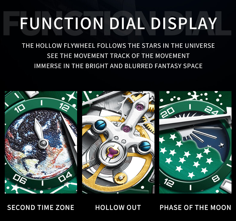 OLEVS-Reloj Automático multifuncional para hombre, pulsera de cuero de acero inoxidable con esqueleto de cielo estrellado, de lujo, nuevo