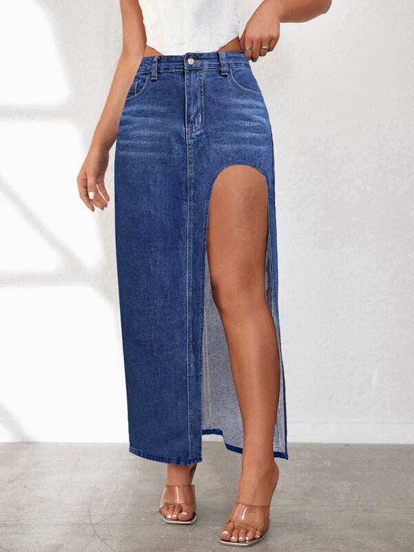 Saia jeans dividida feminina, cintura baixa, bodycon angustiado, longa, vintage, casual, streetwear sexy, jeans embrulhado, Y2K