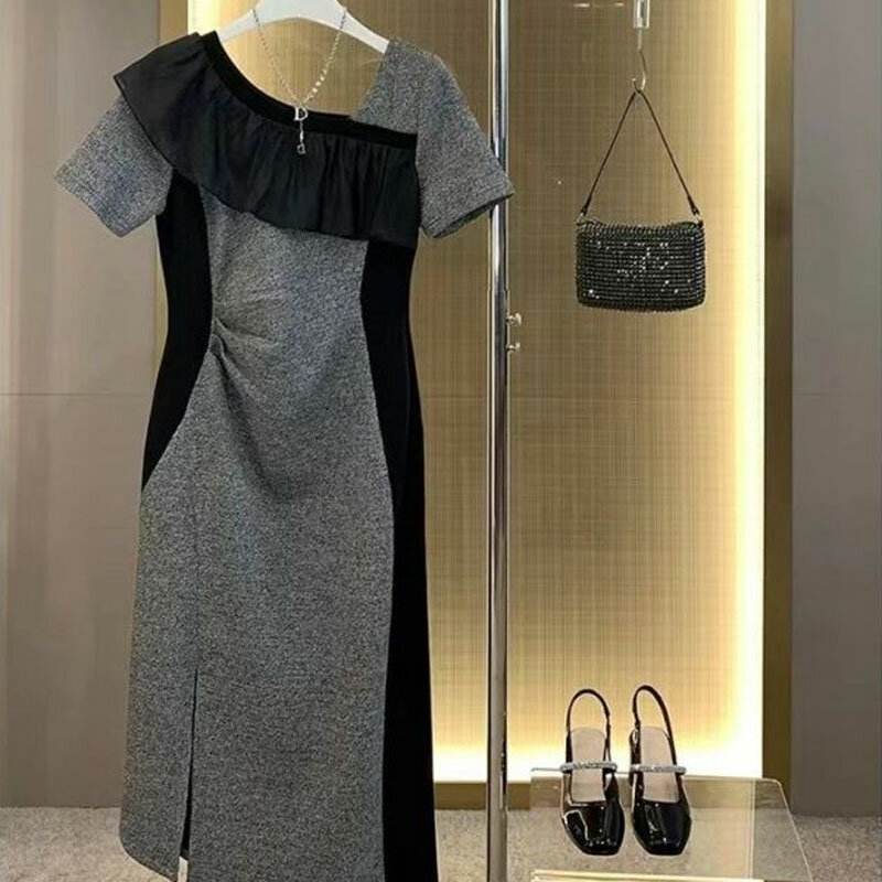 Elegante Rüschen gespleißt Midi kleid Damen bekleidung stilvolle Patchwork asymmetrisch 2024 Sommer Kurzarm koreanische Falten Kleider