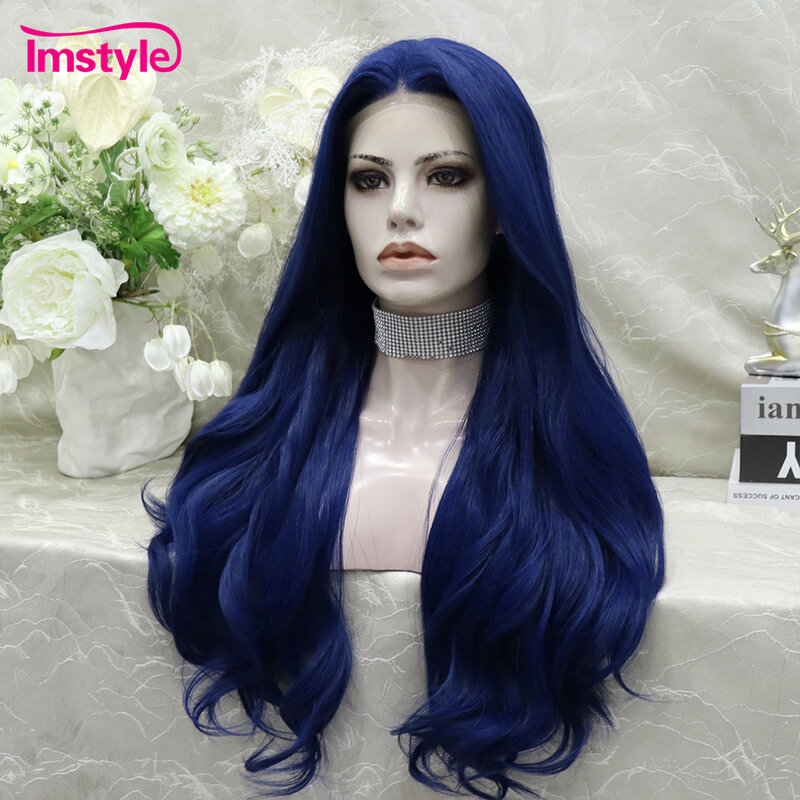 Imstyle niebieska peruka syntetyczna koronka peruka Front długie faliste koronkowe peruki dla kobiet naturalną linią włosów bezklejowe żaroodporne peruka do Cosplay