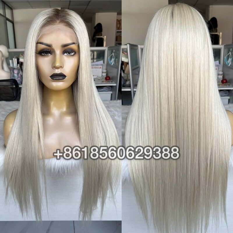 QueenKing hair 13*6 Wig 200% Density Ombre ash blonde wig Silky Straight Preplucked Hairline 100% Brazilian Human  Hair