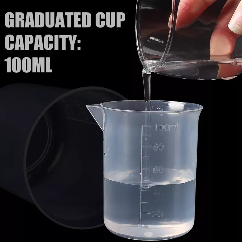 ถ้วยตวงขนาด100มล. ถ้วยบีกเกอร์พลาสติกใสภาชนะสำหรับห้องปฏิบัติการทางเคมีอุปกรณ์อบในครัว