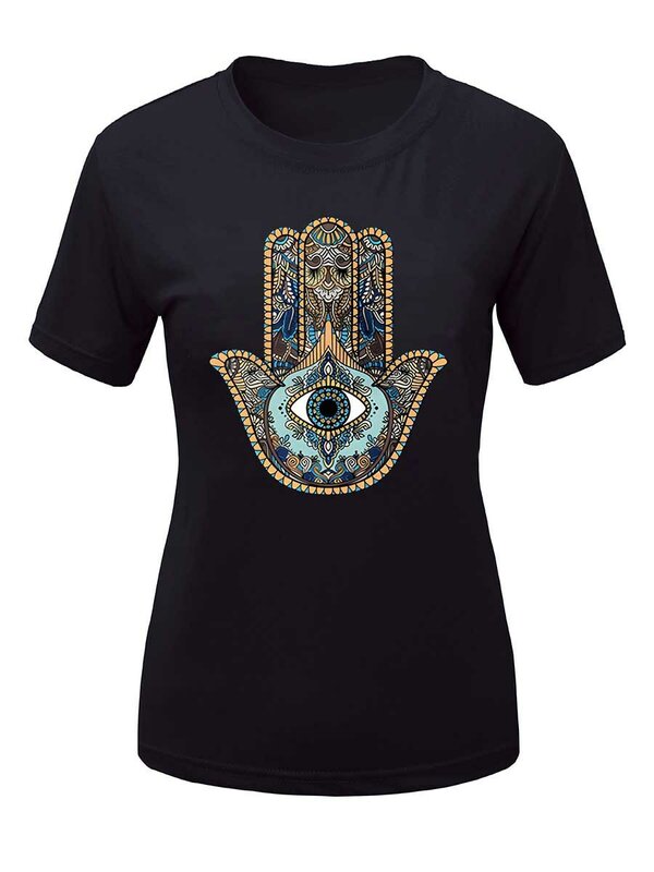 LW Plus rozmiar Hamasa ręka oko T-shirt z nadrukiem lato luźna koszulka damska Plus nadruk geometryczny z krótkim rękawem moda graficzna koszulka