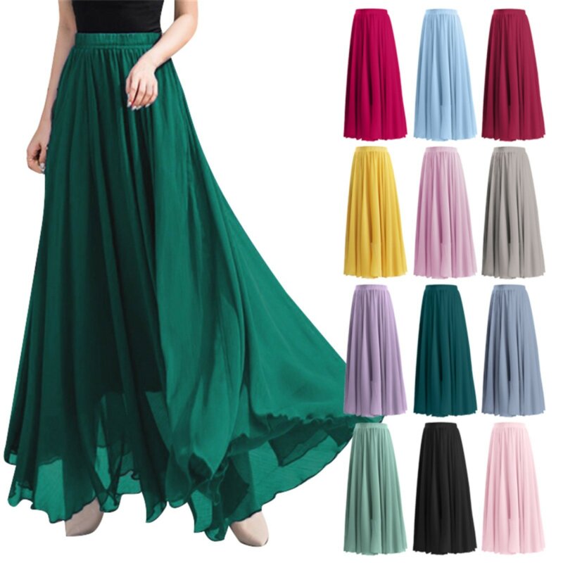 Летняя женская однотонная шифоновая юбка, Женская длинная юбка с высокой талией