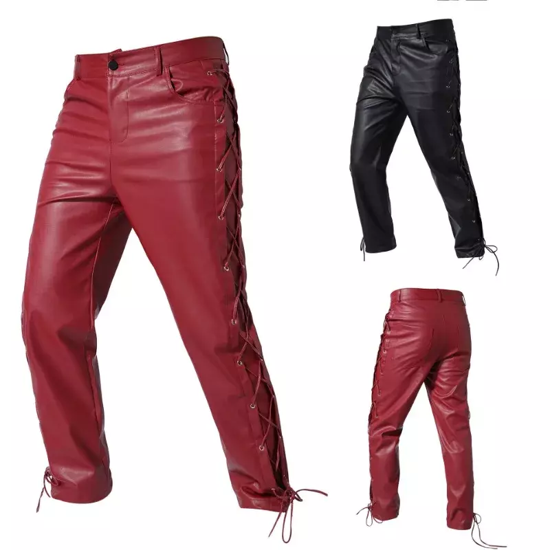 Trendy, Casual, Handsome, Personalized, Fashionable, Solid Color, Versatile Casual Men's Leather Pants