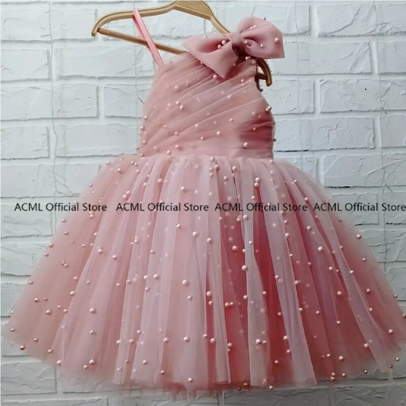 ACML-vestido de verano con estampado de flores para niñas, traje de bola rosa con imagen Real, cuentas, un hombro, 2022