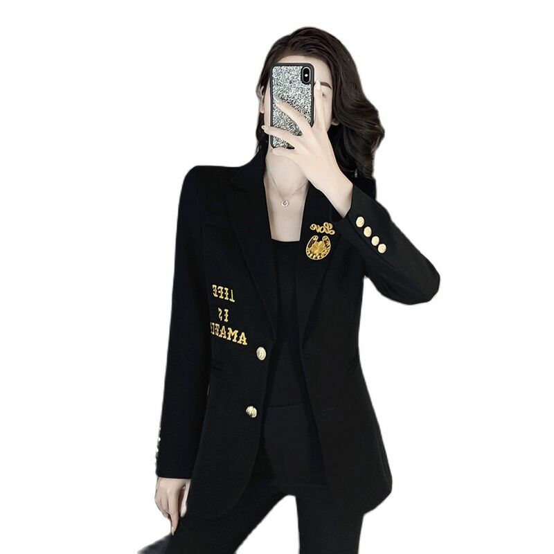 Casual Small Suit Suit Jacket Ladies Spring And Autumn New Style Black Embroidery Temperament Blouse