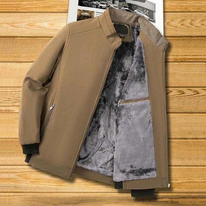 남성용 두꺼운 플러시 스탠드 칼라 코트, 목 보호, 열 집업 카디건, 방풍, 중년 남성 재킷, 가을, 겨울