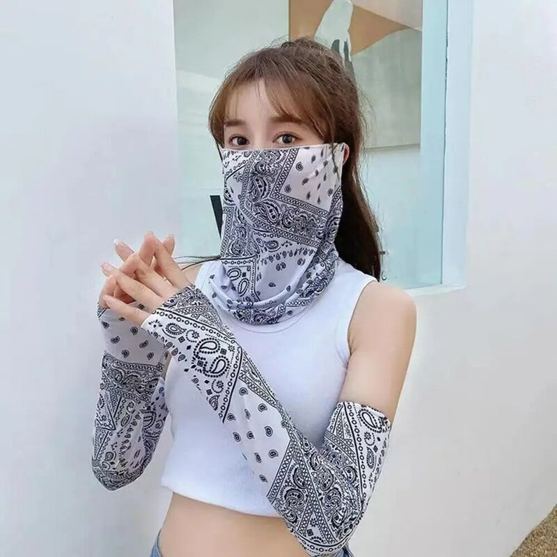 Summer Printing Ice Sleeves Ice Silk Sun Protection Face Guard Ear-Hanging Anti-UV Elastic Neck Cover Quick-Drying Arm Cover
