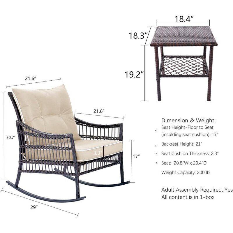 Outdoor Rocking Chairs,3 Pieces Conversation Set, Wicker Rocking Chairs Bistro Set,with Coffee Table,for Garden and Balcony