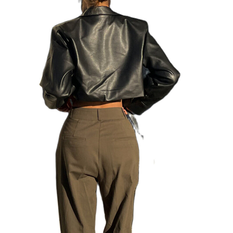 女性用フェイクレザージャケット、長袖、ボタンダウンコート、モノクロラペルクロップトップ、ブラックアウトウェア、ストリートスタイル、春と秋のファッション