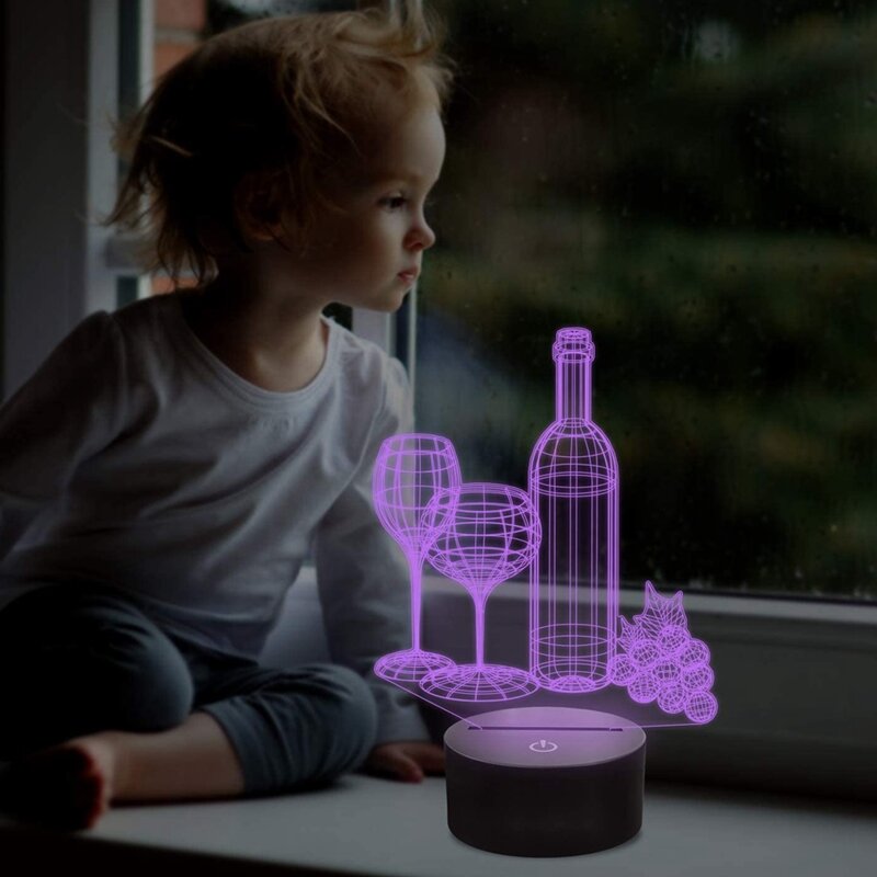 Lampu botol anggur LED anak perempuan, lampu malam botol cangkir anggur 3D, ilusi optik berubah 7 warna, tekan USB, hadiah ulang tahun Natal untuk anak perempuan