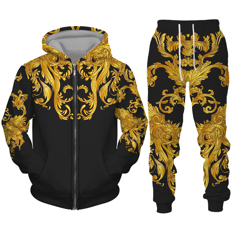 Luxury Golden Pattern 3D Print Men's Zipper Tracksuit Set Casual Hoodie+Pants 2pcs Sets Oversized Sweatshirt Fashion Men Clothes