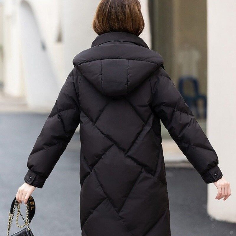 2023 New Women White Duck Down Down Jacket Winter Coat Female Mid-length Thicken Parkas Hooded Loose  Outwear Commuting Overcoat