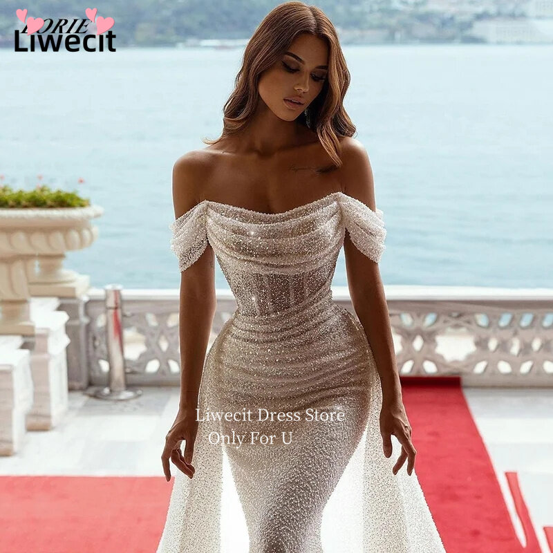 Liwecit 섹시한 반짝이 바디콘 인어 웨딩 드레스, 오프숄더 민소매 보호 신부 가운, 반짝이는 기차 신부 원피스