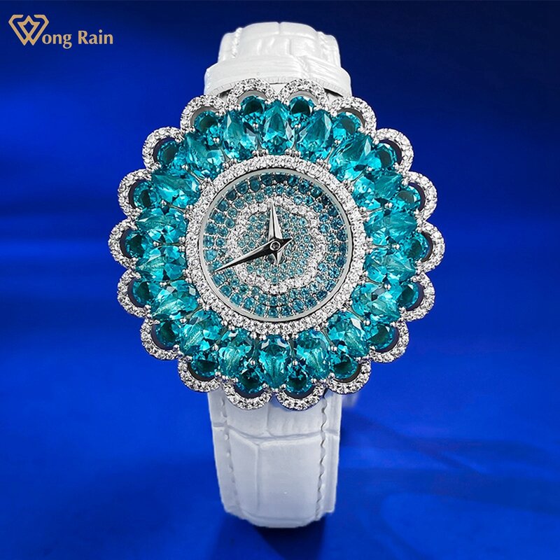 Wong Rain-Montre-bracelet à quartz en acier inoxydable, Montres-bracelets de luxe, Tourmaline Paraiba, Diamants complets, Horloge à cadran de pierres précieuses, Qualité supérieure, 38mm