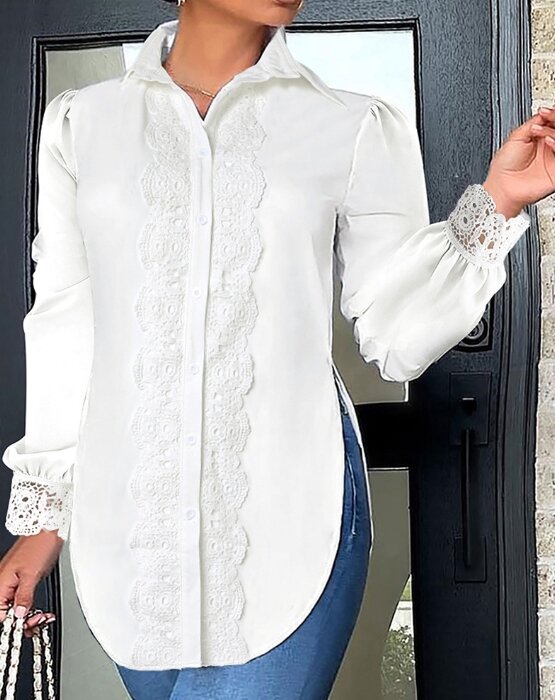 Blusa de manga comprida assimétrica feminina, monocromática, com renda, lapela casual, camisa diária, top Y2K, moda, primavera, 2024