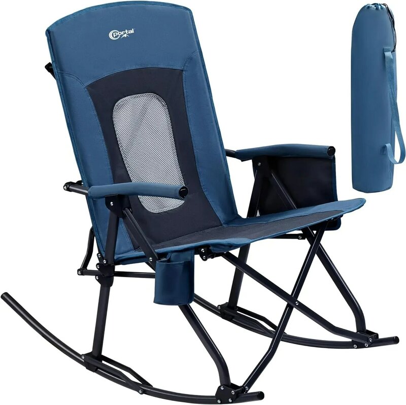 Kursi berkemah goyang lipat ukuran besar, kursi goyang luar ruangan portabel dengan tas jinjing sandaran lengan keras belakang tinggi, belakang jala
