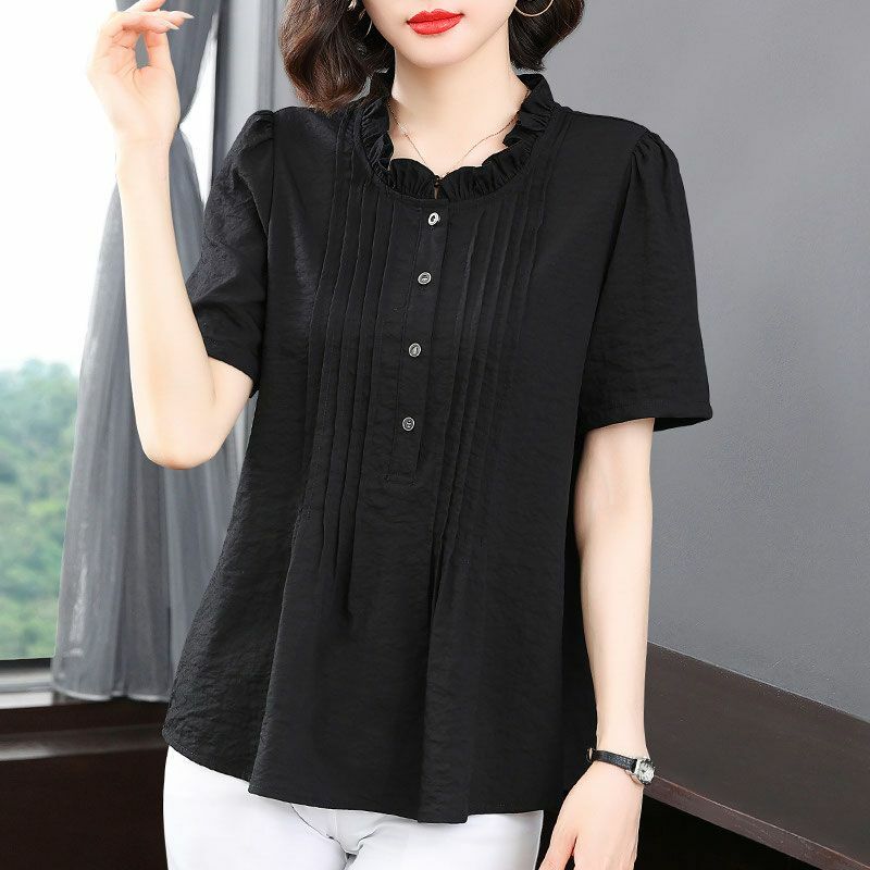 Camiseta de manga larga con botones para mujer, camisa informal de Color sólido con lazo de flores, Tops coreanos a la moda, primavera y otoño