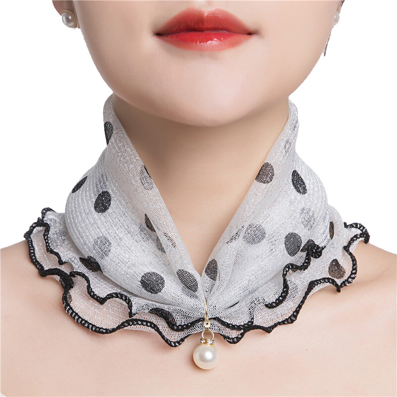 Falso pérola pingente pescoço colar organza elástico pequeno cachecol feminino plissado cachecol capa pescoço proteção solar bib lenços bandana
